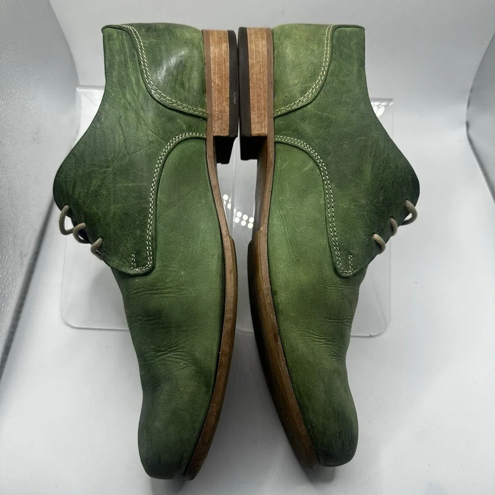 John Fluevog Men's Radio CBC Distressed Green Leather Derby Shoes Discontinued 8
